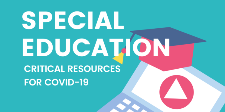 Icon with computer and student's had says "Special Education Critical Resources for COVID19"