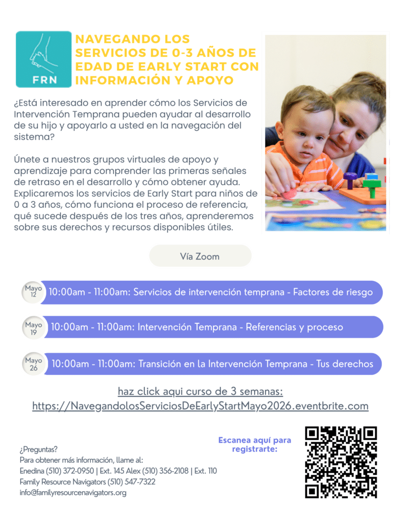 Flyer in Spanish for FRNs Early Start info sessions for families with children ages 0-3, held on Zoom in May. Topics include risk factors, references, transition, and rights. Includes dates, times, links, contact info, and QR code.