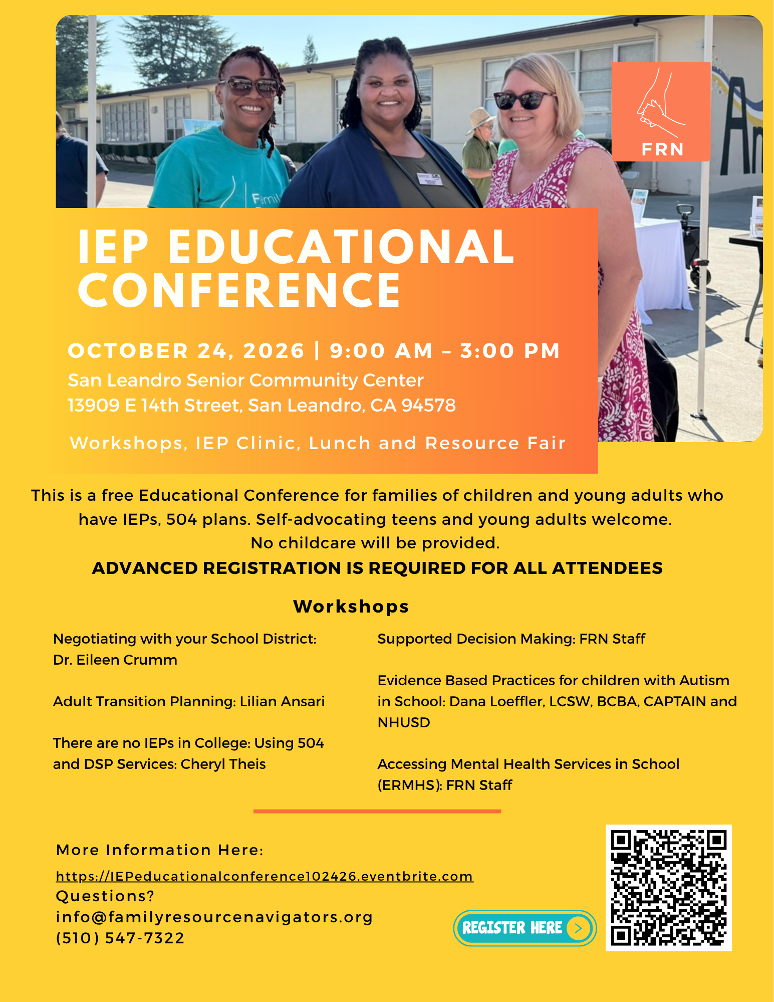 Four smiling women stand together outdoors in front of a table at an educational conference. A yellow flyer promotes an IEP Educational Conference with event details, workshop topics, and contact information.